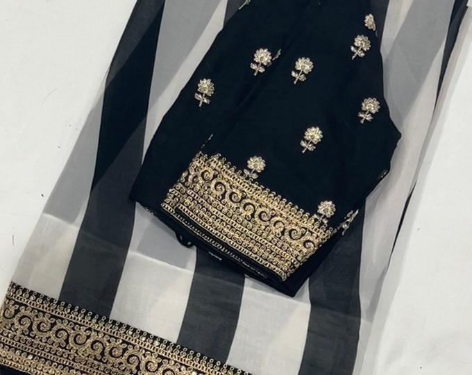 Beautiful Georgette Saree with Embroidery Border and Embroidery Work Silk Blouse 36-42 size.