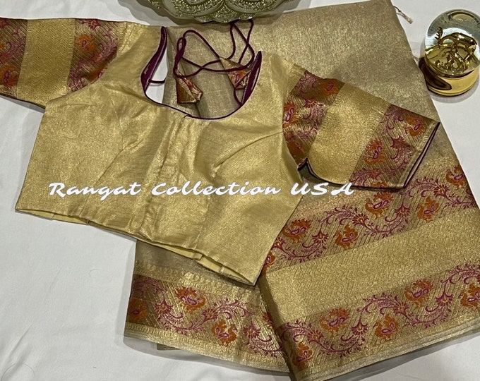 Gold Color Handloom Tissue Silk Saree with Blouse