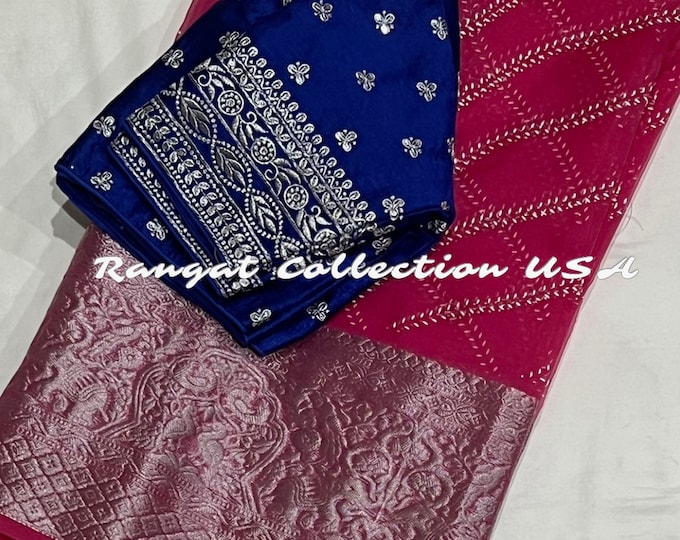 Pink  Organza Tissue Silk Saree Silver Floral Weaving Border And blouse