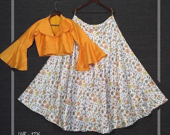 Lehegna Set - Floral Satin Silk  Lehegna With Croptop