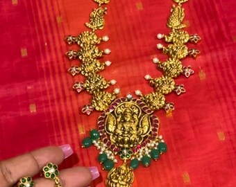 Jadau Lakshmi Mala Necklace with Emerald Earrings