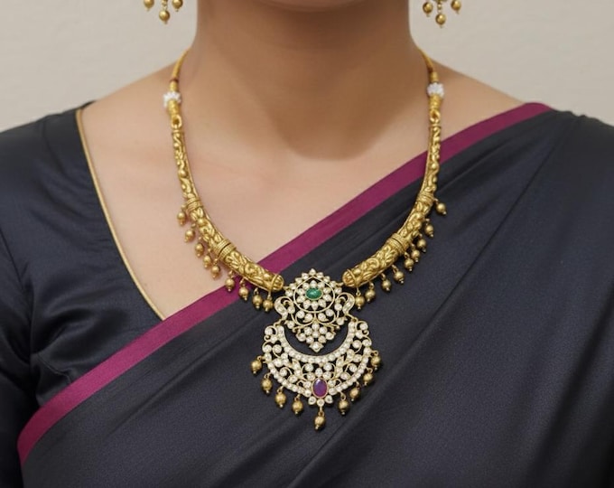 Radiant Gold-Plated Necklace with Ruby, Green and White CZ Stones, and Matching Earrings