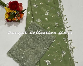 Pure Georgette Pista  Saree with unstitched Floral Embroidery Net blouse