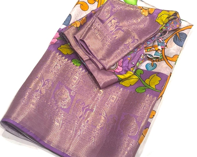 Kalamkari Silk Saree with Stitched Blouse (Sizes 34-42)