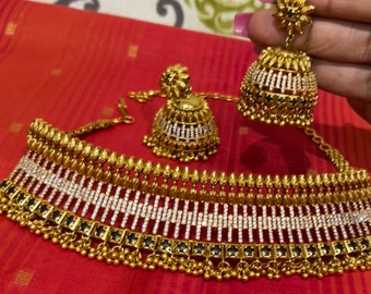 Antique Gold Choker Set: CZ & Emerald Green Stone Necklace with Earrings