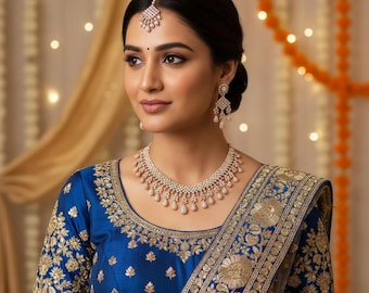 Diamond-Cut Rosegold CZ Necklace Set: Green Stone Earrings & Tikka