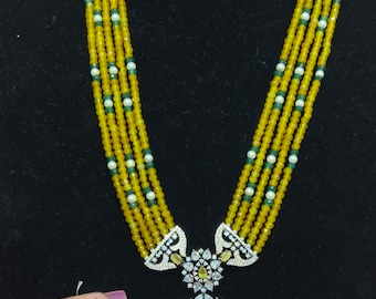 Victorian Long Mala Necklace: Yellow Beaded Chandra Haram