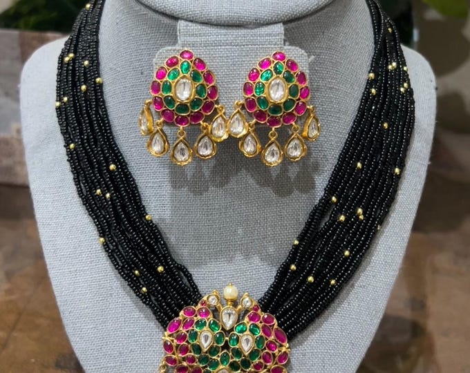 High-Quality Jadau and Polki Pendant with Beaded Necklace and Matching Earrings