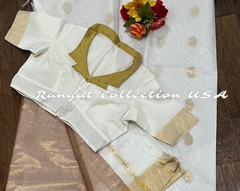Handloom Weaved Cream White Silk Saree with Designer Collar  neck Blouse