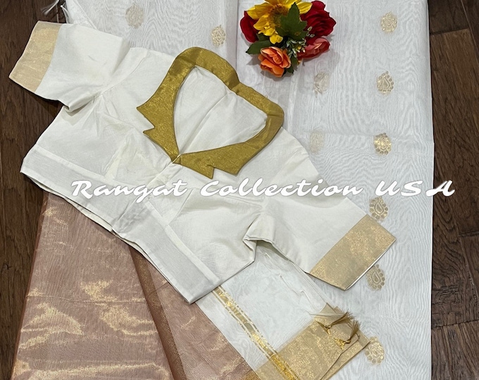 Handloom Weaved Cream White Silk Saree with Designer Collar  neck Blouse