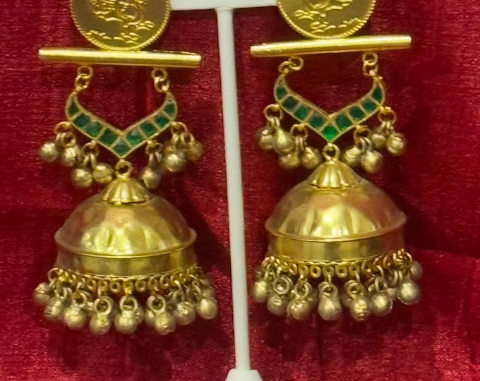 Silver Replica Green Jadau Stone Big Jhumka Earrings – High-Quality Traditional Indian Jewelry