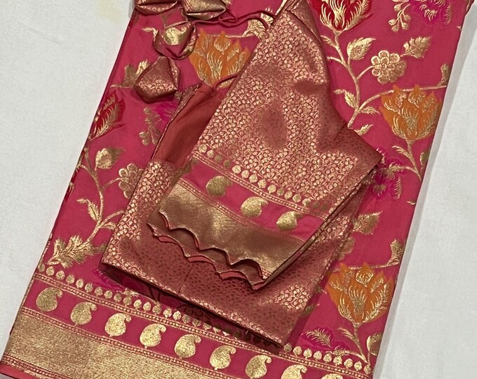 Munga Benarasi Sulk Saree - Blouse Size 38 Extends to 44! Ready to ship from Texas, USA!