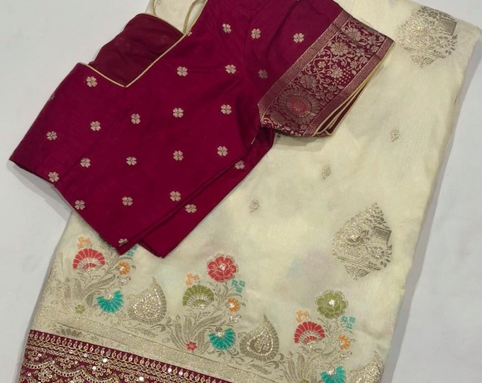 Elegant Silk Saree with Zari Thread Border and Lace Embroidery | Stitched Blouse 34-42