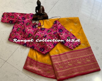 Pure Silk Saree: Kanchi Weaving, Patola Silk Blouse (Size 34-42)