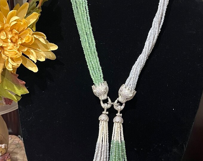 Light green and Silver combination Statement mala with high quality beads and Cz stones. Modern wear, party wear