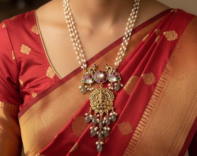 Jadau Long Mala: Laksmi Pendant with Pearl Chain