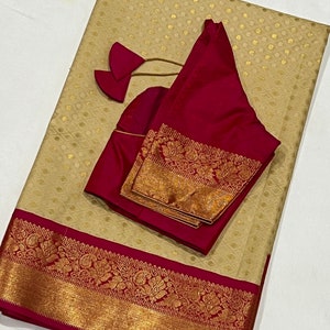 Handloom Green with Pink Thousand butta concept  Kanchi Silk saree with blouse 34-42 size.