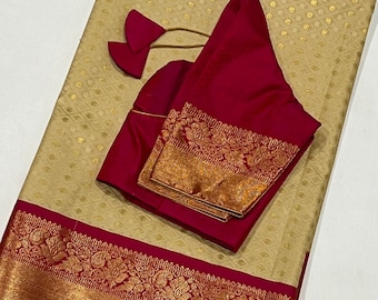Handloom Green with Pink Thousand butta concept  Kanchi Silk saree with blouse 34-42 size.