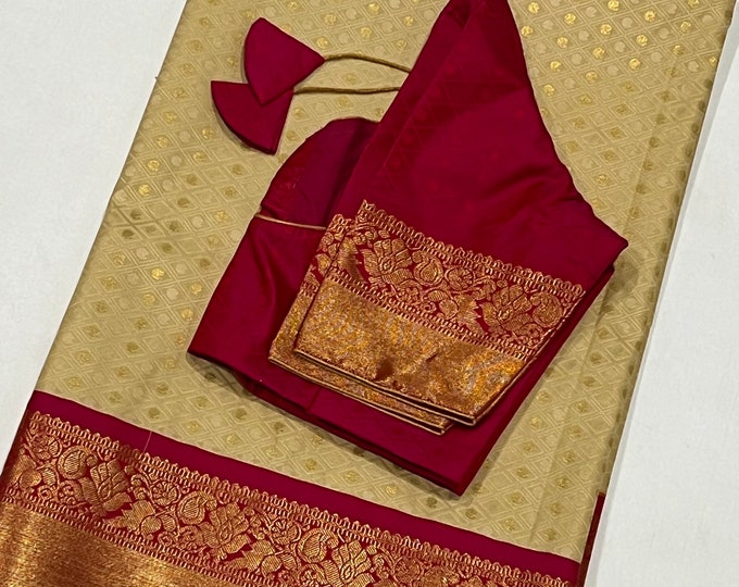 Handloom Green with Pink Thousand butta concept  Kanchi Silk saree with blouse 34-42 size.