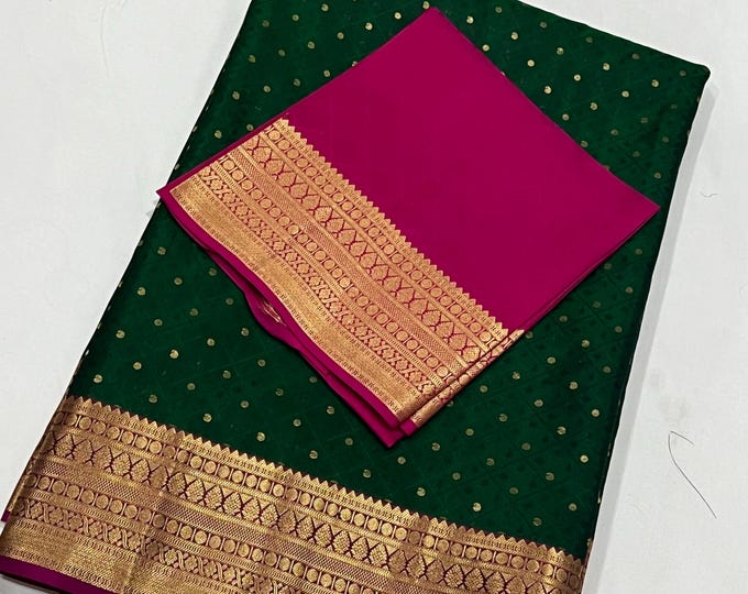 Handloom Pure Silk  Kanchipuram Silk Saree With Contrast Unstitched Blouse