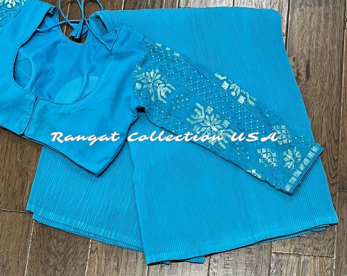 Blue color Crushed Moss georgette Saree with heavy sequence embroidery Blouse