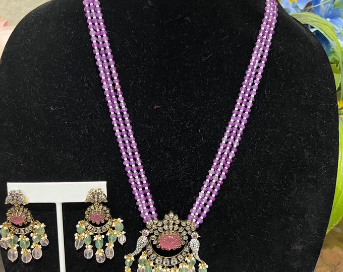 Gorgeous Purple Beads Long Layered Victorian Mala with Earrings