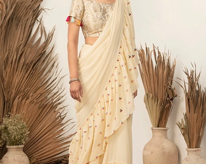 Designer Ruffled Chiffon Georgette Saree and mirror work border Saree with matching Skirt And  Ivory cap sleeves brocade Blouse