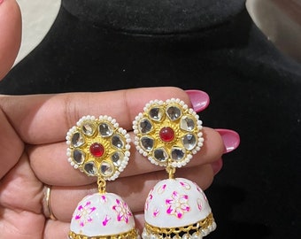Jumka pearl drop meenankari earrings