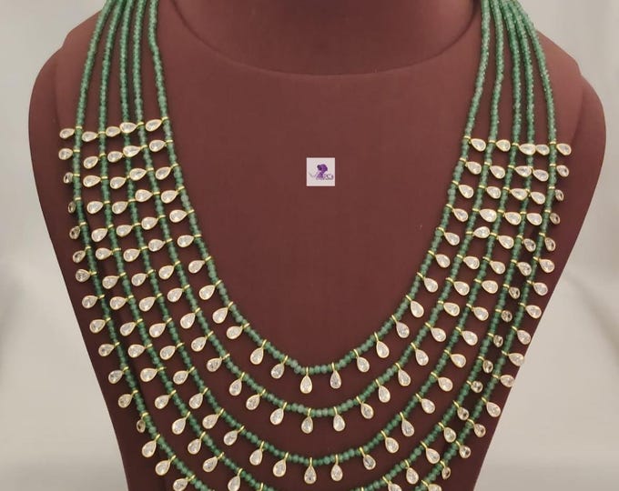 Stunning Multi-Layered Emerald Beads and Polki Stone Gold Replica Necklace