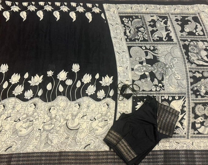 Kalamkari Cotton Silk Saree with Rich Zari Border & Blouse (Sizes 34-42)