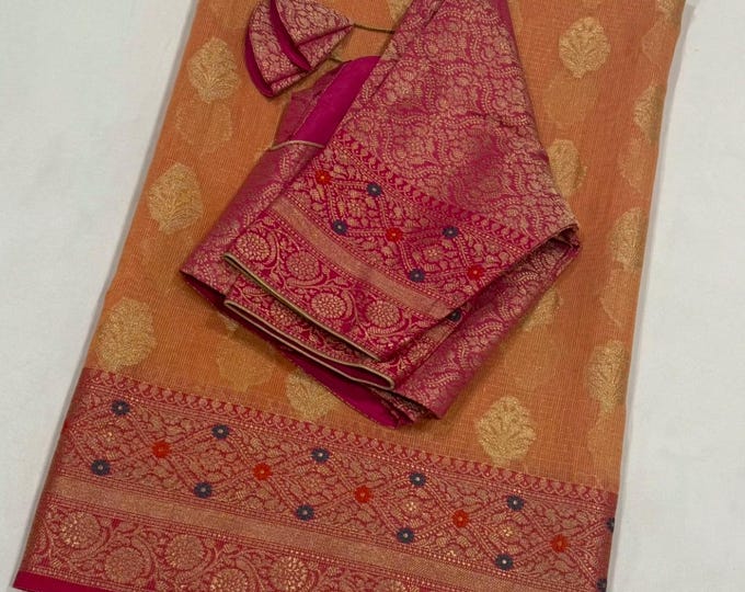 Gorgeous Soft Benarus Weaving Silk Saree with Ready-To-Wear Front Hook Blouse (Size 34-44 Inches)