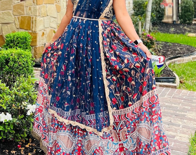Lehegna Set -  Heavy Embroidery Kalamka Georgette Lehegna With  border and Blouse - High Quality with Mirror work Crop-Top Size 34-46 inches