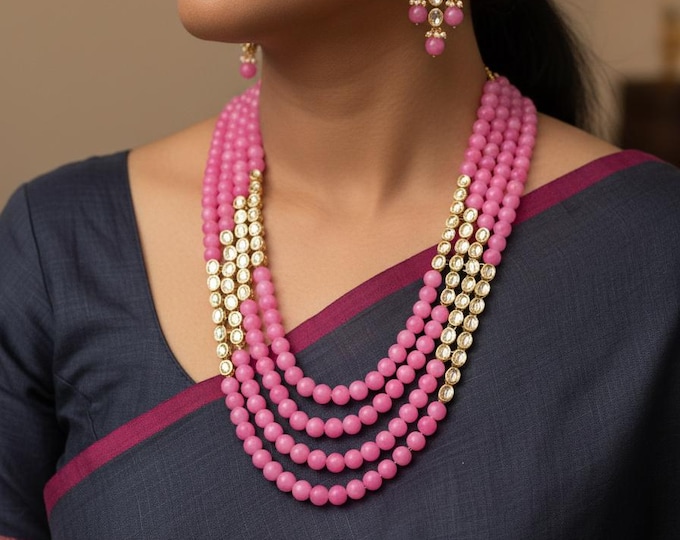 Pink Kundan Mala Necklace & Earrings Set