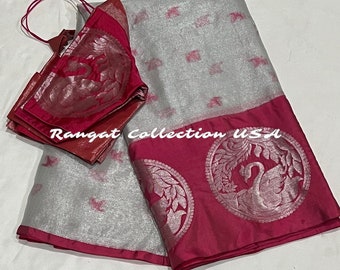 Benarus Tissue Silk Saree: Contrast Border, Included Blouse (Fits 34-42 Inches)