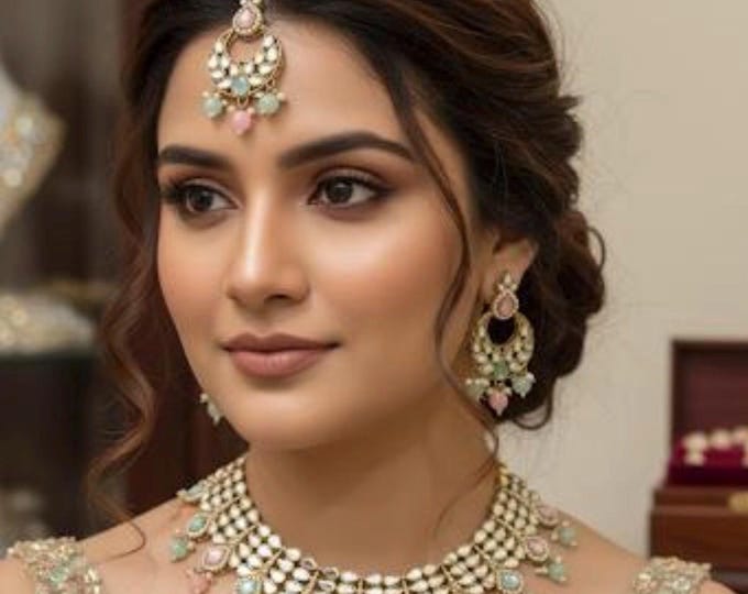 Beaded Kundan Necklace Set: Earrings & Tikka