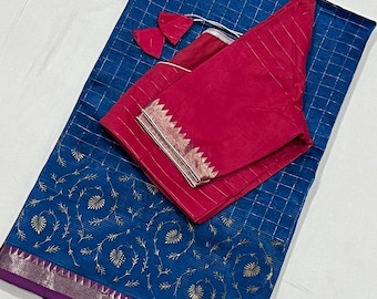 Handloom Mangalagiri Silk Saree: Peacock Border, Pink Silk Blouse (Fits 34-42 inches)