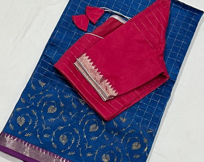 Mangalagiri Silk handloom Saree with Unique Trademark Border and contrast Silk Blouse fits 34-42 inches