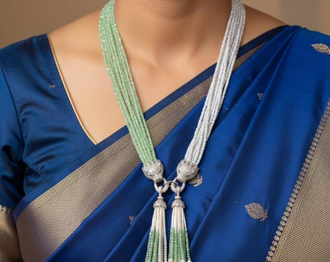 Light Green Silver Beaded Mala Necklace, Statement Jewelry
