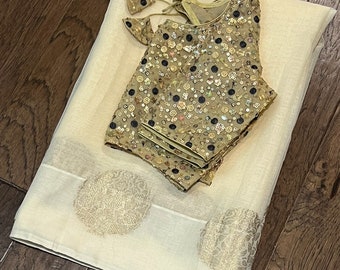 Benarus Gold Buti Border Silk Saree with Stitched Blouse (Size 34-42)