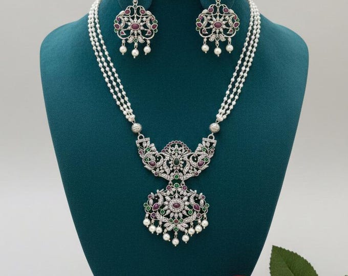 German Silver Pearl Mala Necklace with Earrings