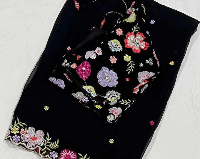 Floral Embroidery border Georgette Saree with  Blouse size 34-42