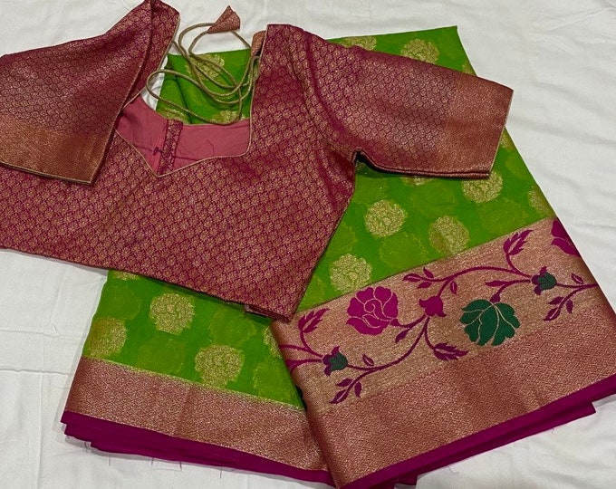Benarus Georgette Saree with Paithani border and contrast blouse 34-42 size.