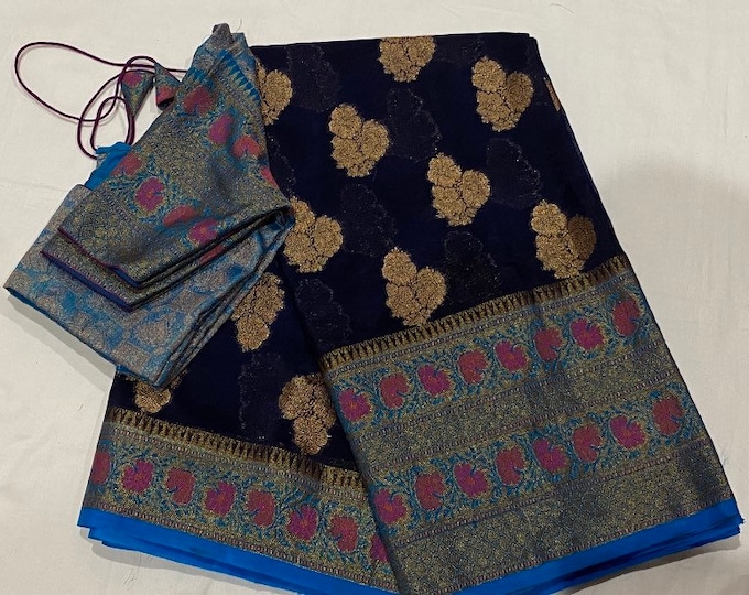 Navy blue Benarus Georgette Saree with blouse