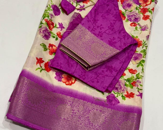 Beautiful combination Floral Soft Semi Silk Saree with Blouse 34-42 size