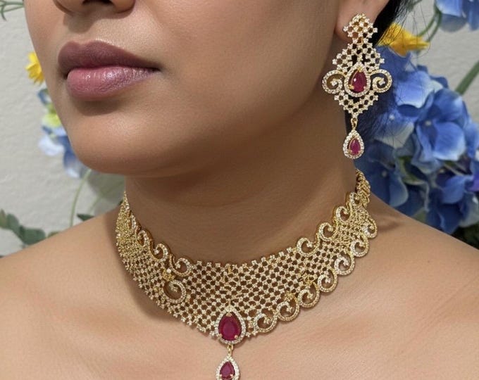 AD Ruby Choker Diamond replica  and Earrings Set