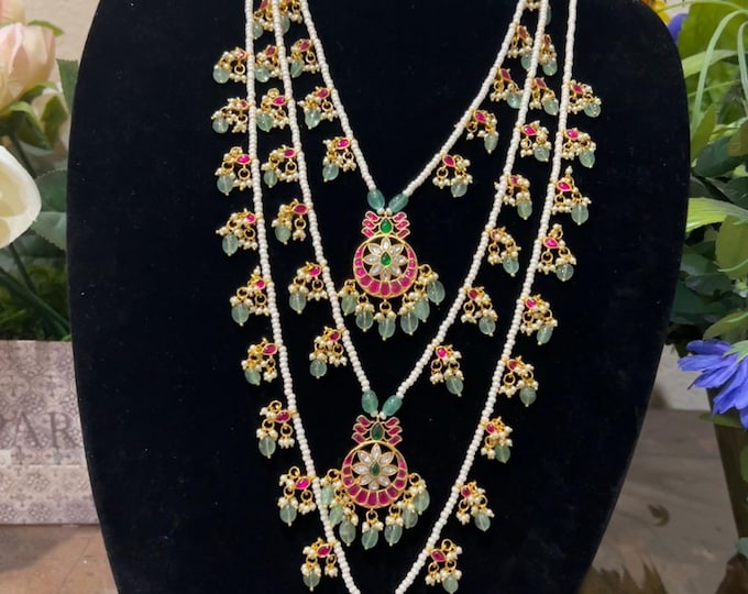 Beautiful Grand-Looking Jadau Layered Long Mala with Rice Beads