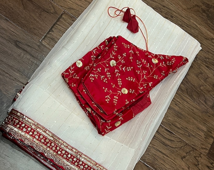 White Sequence Embroidery Net Saree with Embroidery Thread hand work Blouse