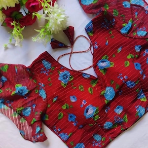 Maroon Red Floral Georgette Sequin Readymade Saree blouse