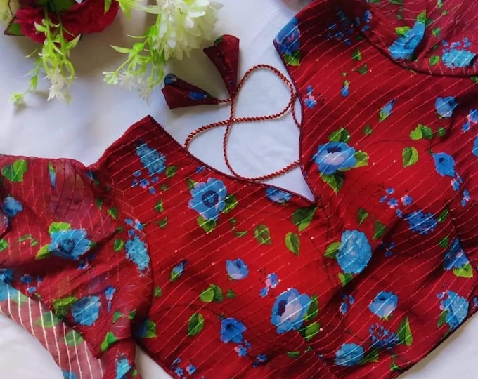 Maroon Red Floral Georgette Sequin Readymade Saree blouse