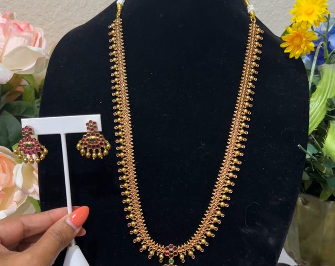 Elegant Ruby Long Necklace Set with Earrings